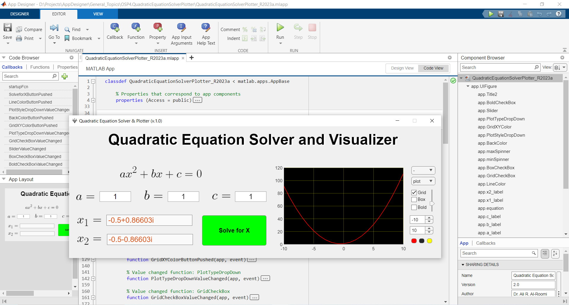 Quadratic Equation Solver And Function Plotter - MATLAB Apps